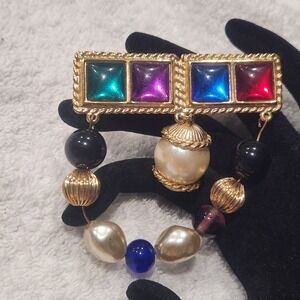 Vintage Gold Tone Multi Color Cabochon Faux Pearl Beaded Drop Statement Brooch